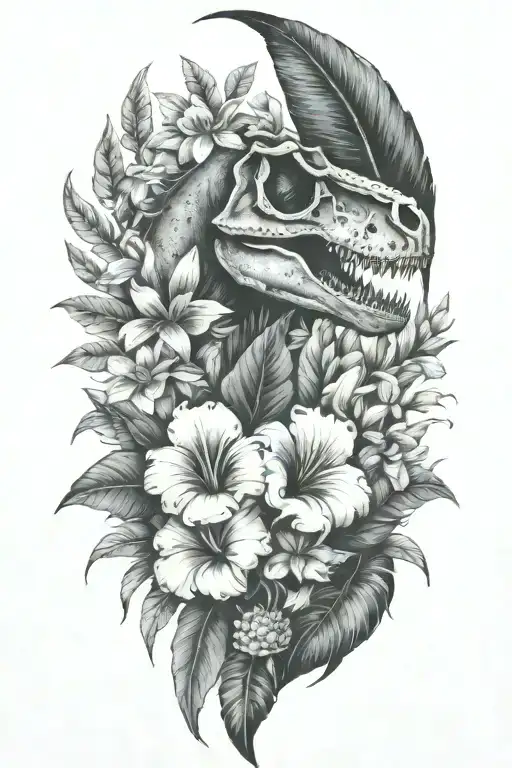 tropical leaves with flowers an T Rex skull - Variation 4