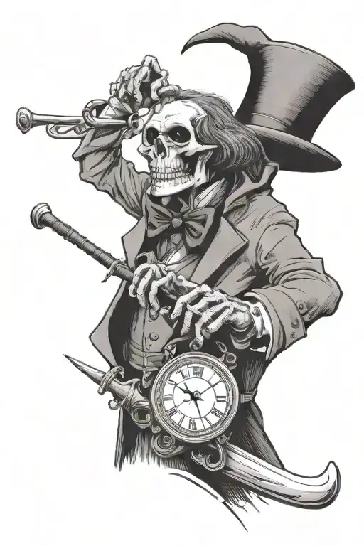 a grim reaper in a willy wonka suit holding a timepiece in the right hand, wearing in a top hat and a sword in the left  - Variation 2