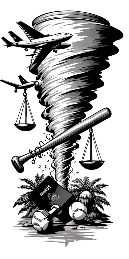 tornado sucking up scales of justice, baseball bat, baseball, airplane, passport, dumbbell, and palm tree.