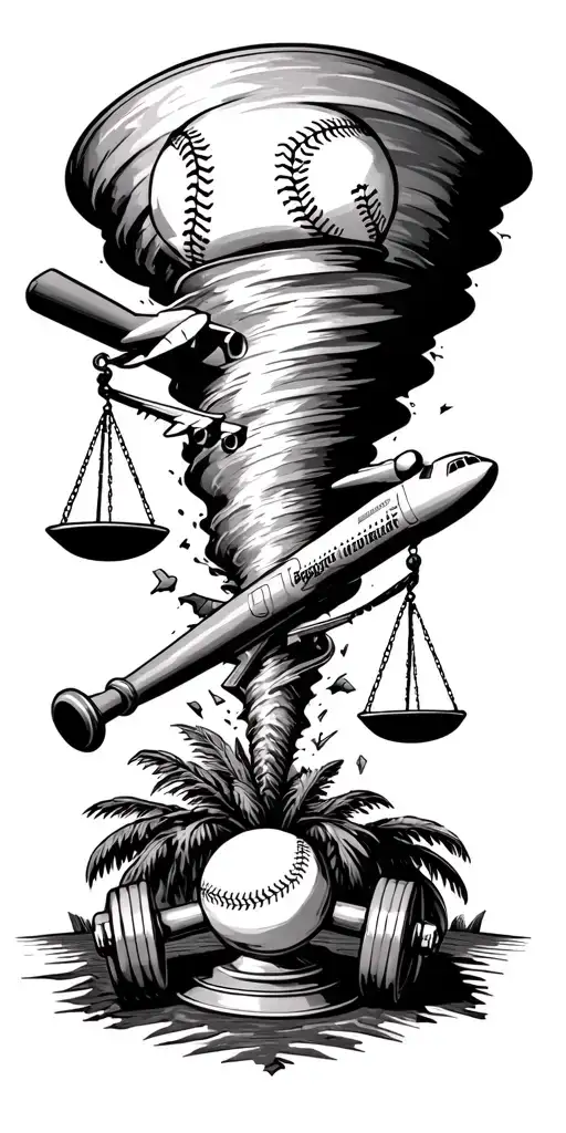 tornado sucking up scales of justice, baseball bat, baseball, airplane, passport, dumbbell, and palm tree. - Variation 2