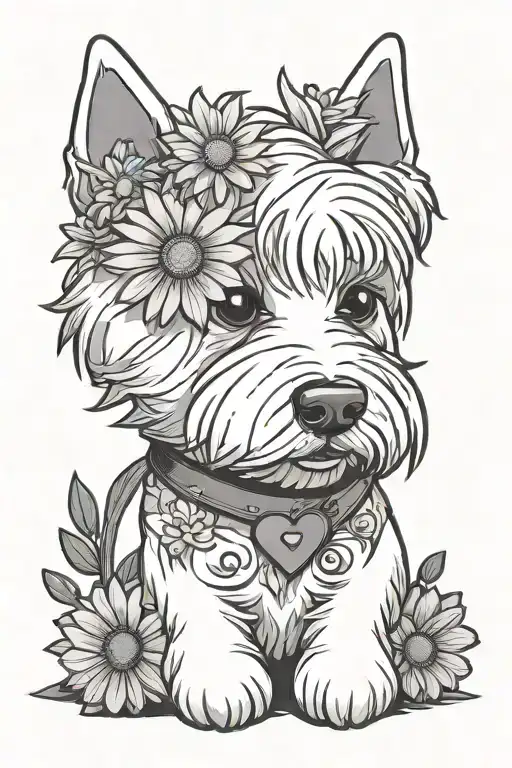 cartoon westie with a daisy and a heart surrounded