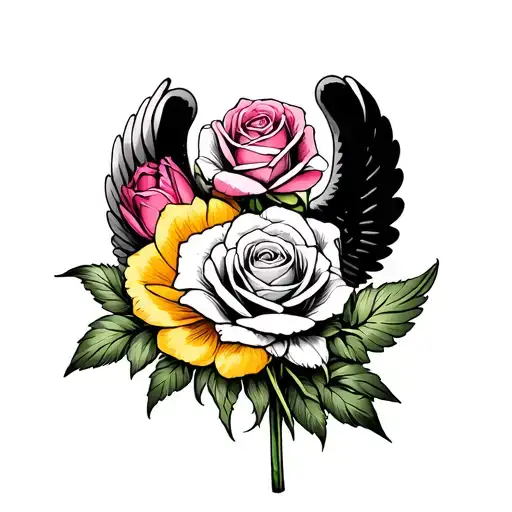 and white angel holding a peace rose, pink tulip, yellow rose, peace rose in the middle, flowers have color