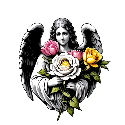 and white angel holding a peace rose, pink tulip, yellow rose, peace rose in the middle, flowers have color - Variation 2