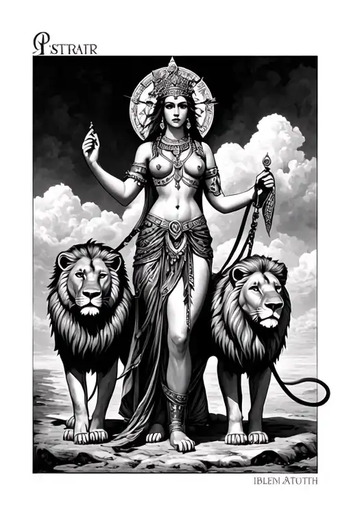 Goddess ishtar standing with two lions on leash beeneath her - Variation 2