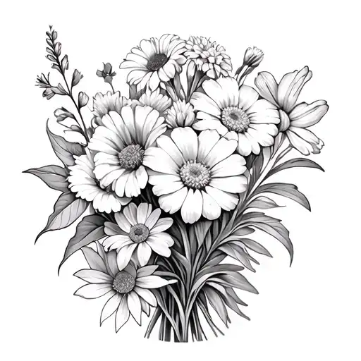 Carnation, Sweet pea, Daisy, waterlily, larkspur, gladiolus, morning glory, aster boquet one of each flower