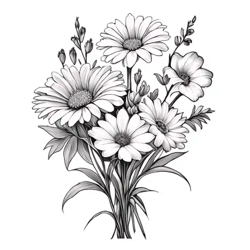 Carnation, Sweet pea, Daisy, waterlily, larkspur, gladiolus, morning glory, aster boquet one of each flower - Variation 2