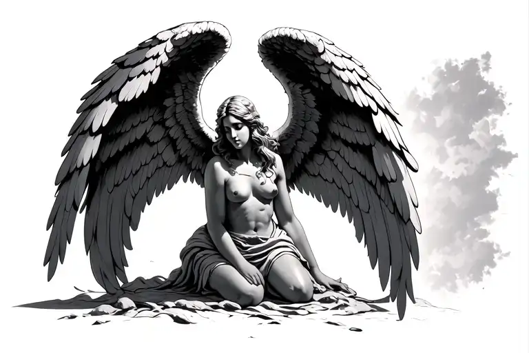 kneeling angel with wings spread wide