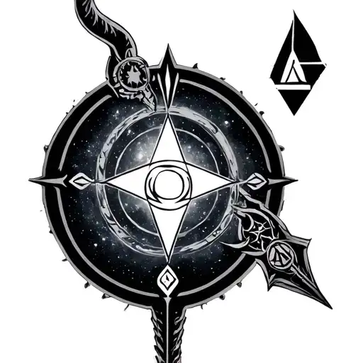Create a round tattoo with galaxy and illuminati signs in Vikings style - Variation 2