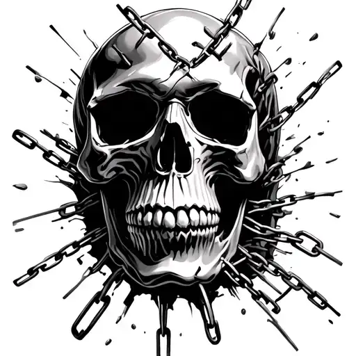 A highly detailed, black and white realistic skull breaking through metal chains. The skull should have deep cracks, hol