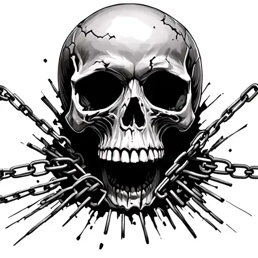 A highly detailed, black and white realistic skull breaking through metal chains. The skull should have deep cracks, hol - Variation 2