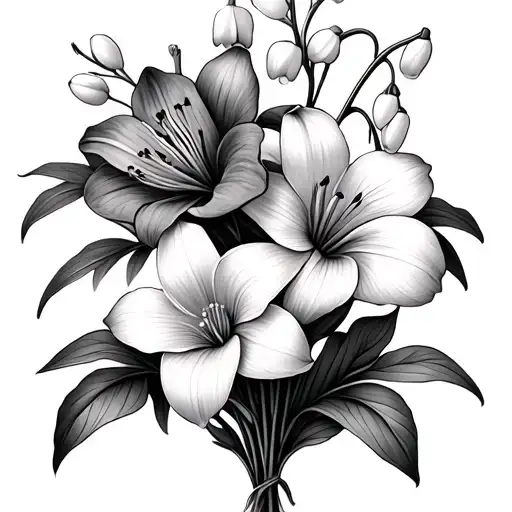 small bouquet of flowers only including these four flowers one lily one daffodil one Lily of the valley one sweet pea