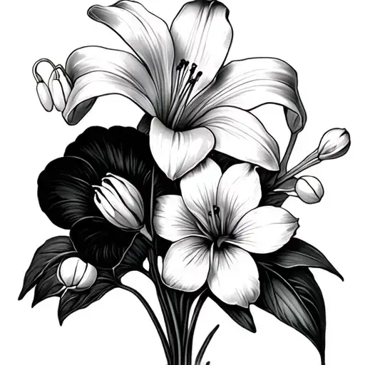 small bouquet of flowers only including these four flowers one lily one daffodil one Lily of the valley one sweet pea - Variation 2