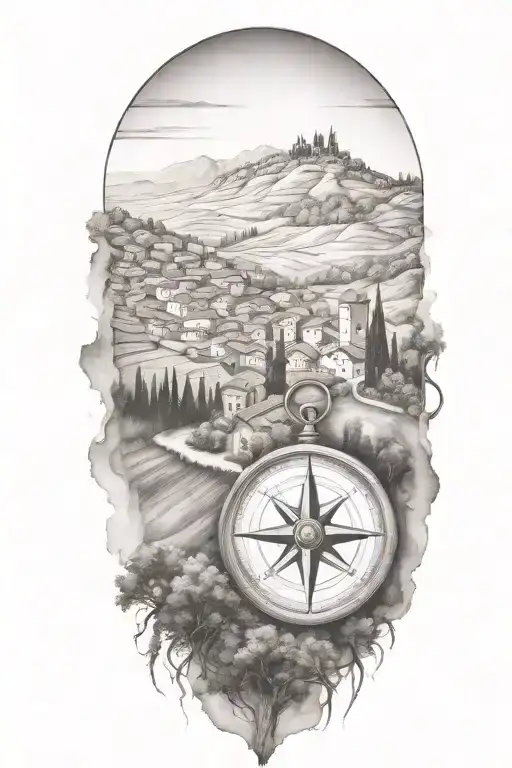 edges that fade and blend softly, italian tuscany landscape with trees and a compass - Variation 3