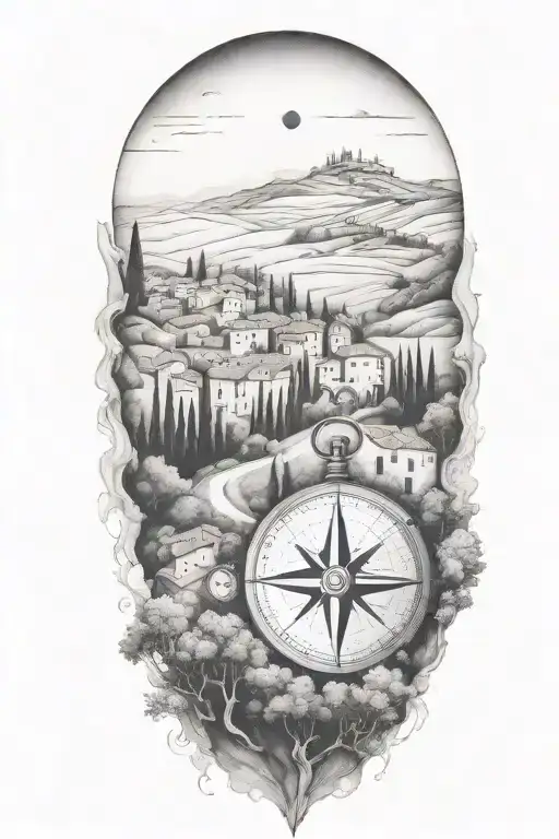 edges that fade and blend softly, italian tuscany landscape with trees and a compass - Variation 4