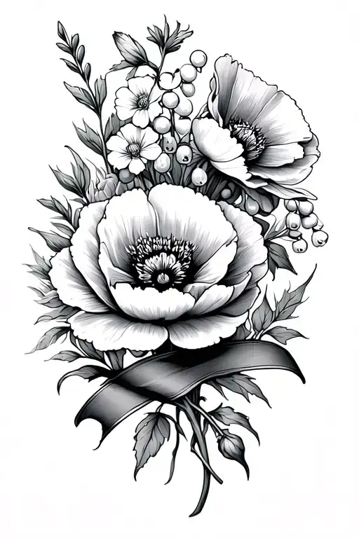 Poppy, Forget me not, Carnation, Violet, Peony, Lily of The Valley with a ribbon