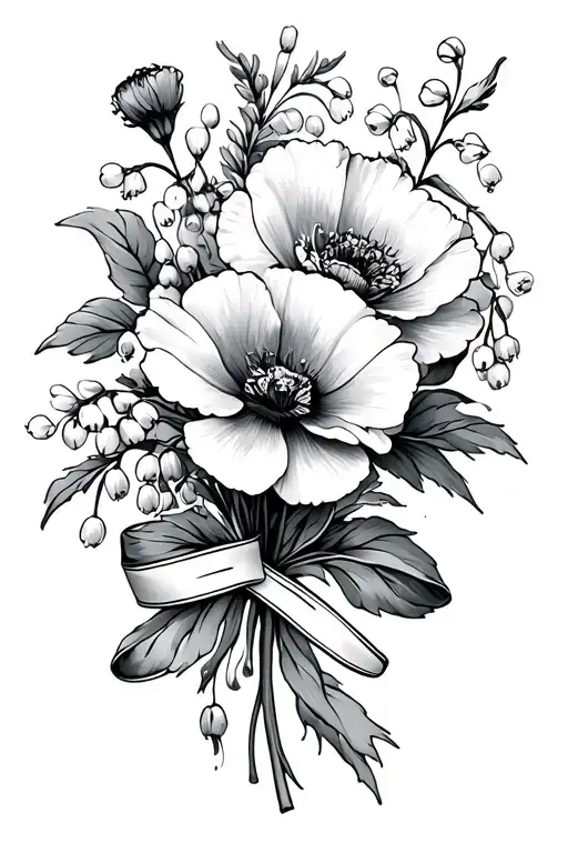 Poppy, Forget me not, Carnation, Violet, Peony, Lily of The Valley with a ribbon - Variation 2
