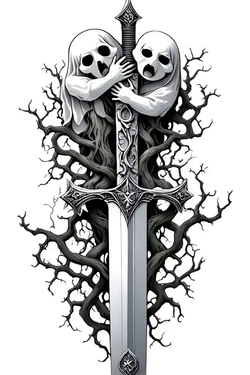 sword with vines tangled into it with ghosts hugging on top