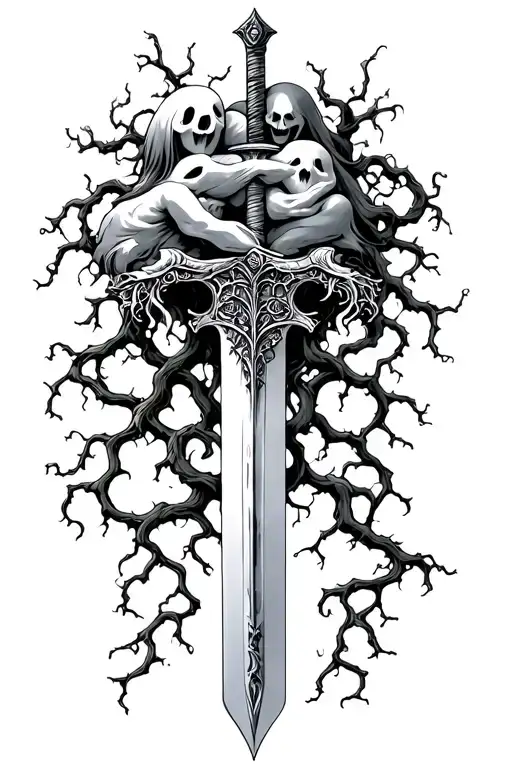 sword with vines tangled into it with ghosts hugging on top - Variation 2