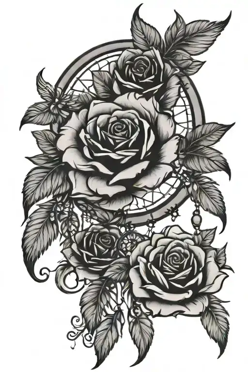 dream catcher entangled in roses thigh tattoo - Variation 1