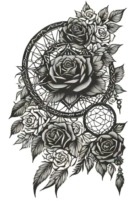 dream catcher entangled in roses thigh tattoo - Variation 2