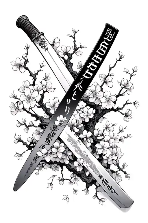 A worn katana blade covered in cherry blossoms, pedals falling , on the back it is written "honor" in Japanese text.
