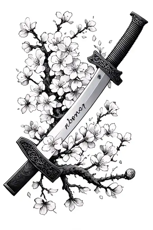 A worn katana blade covered in cherry blossoms, pedals falling , on the back it is written "honor" in Japanese text. - Variation 2