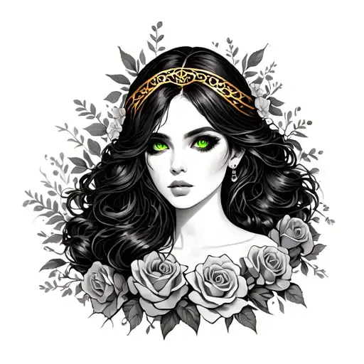 Stylized neo traditional green eyed mysterious woman with flowing blackhair, golden headpiece, and roses intertwine - Variation 3