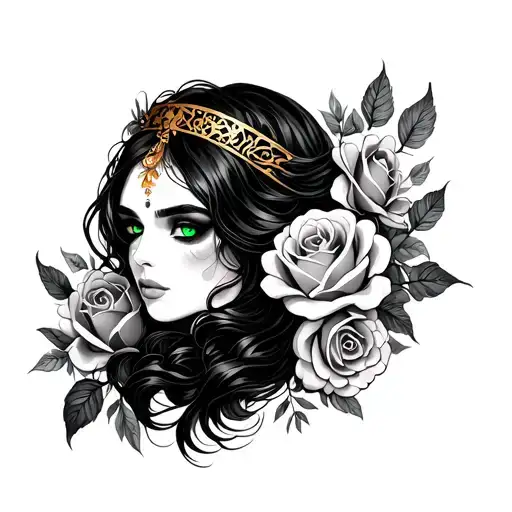 Stylized neo traditional green eyed mysterious woman with flowing blackhair, golden headpiece, and roses intertwine - Variation 4