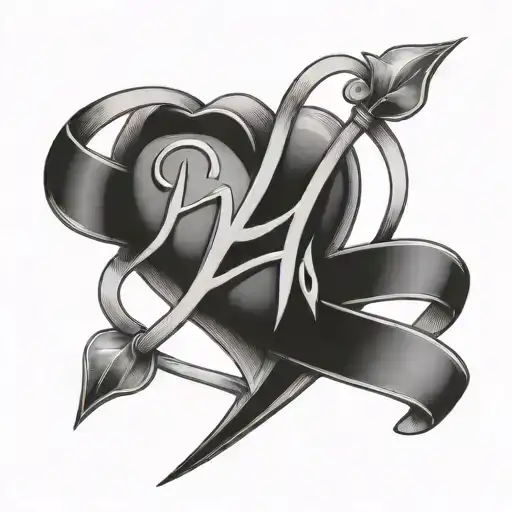 pencil art of an heart with letter H and N intertwined in a tatoo way