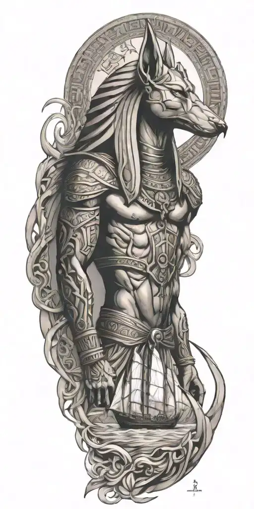 A fusion of Egyptian and Viking symbolism, featuring Anubis and a Viking ship sailing on the Nile River - Variation 5