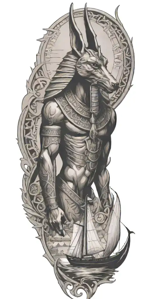 A fusion of Egyptian and Viking symbolism, featuring Anubis and a Viking ship sailing on the Nile River - Variation 6
