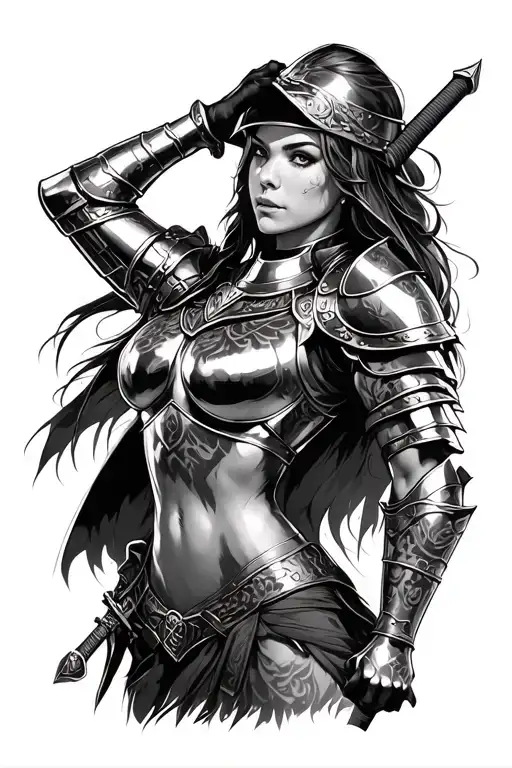Looking at the whole body of the female warrior, wearing a shiny armor. One hand holding the sword, the other hand holding the iron hat - Variation 2