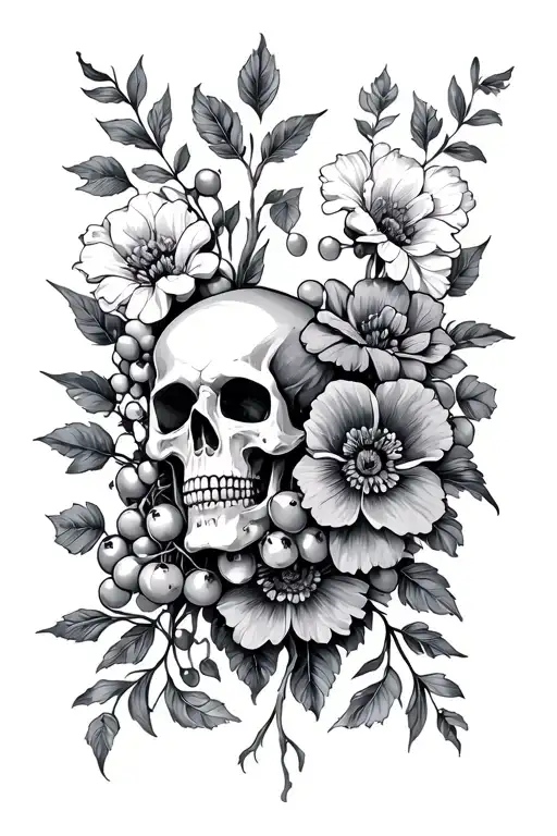 Full sleeve tattoo with flowers and many little skull like they are berries - Variation 2