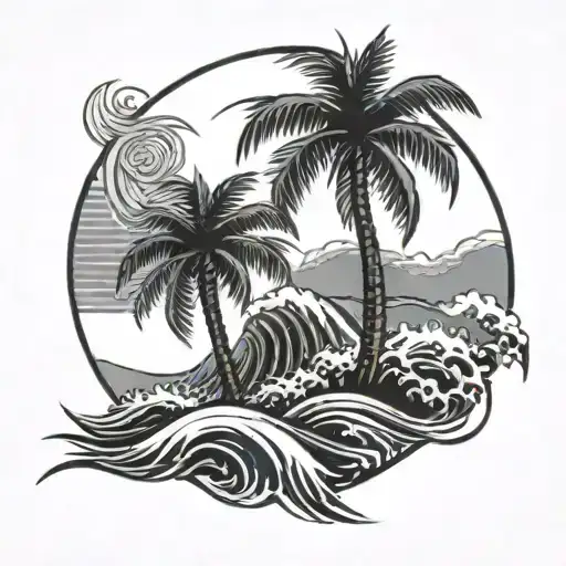 palm tree front of a sun and waves crashing in the background - Variation 1