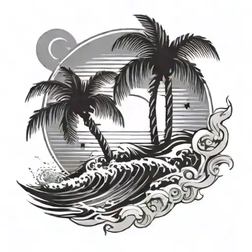 palm tree front of a sun and waves crashing in the background - Variation 2