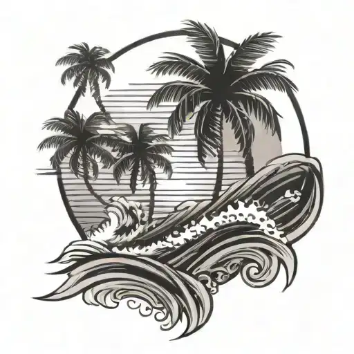 palm tree front of a sun and waves crashing in the background - Variation 3