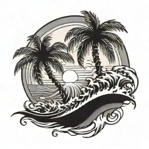 palm tree front of a sun and waves crashing in the background - Variation 4