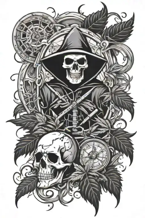 abstract time piece with marijuana fill in gaps and grim reaper - Variation 1