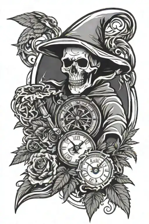 abstract time piece with marijuana fill in gaps and grim reaper - Variation 2