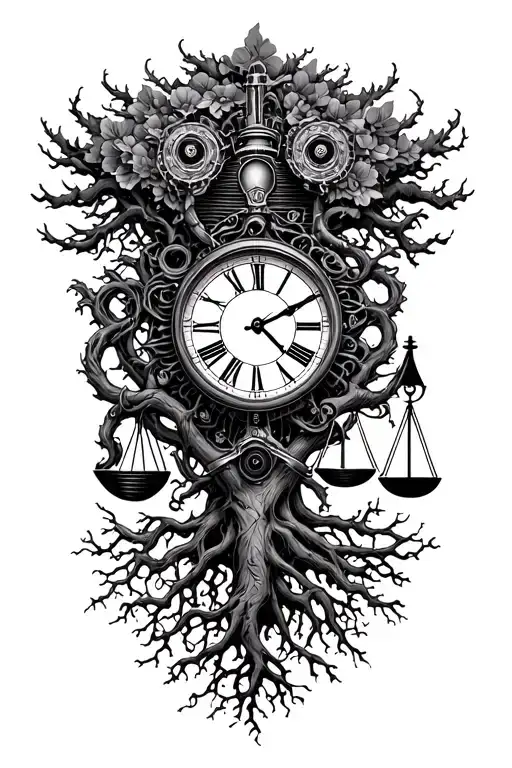 harley engine, midevil tree of life with roots , clock and libra scale intertwined