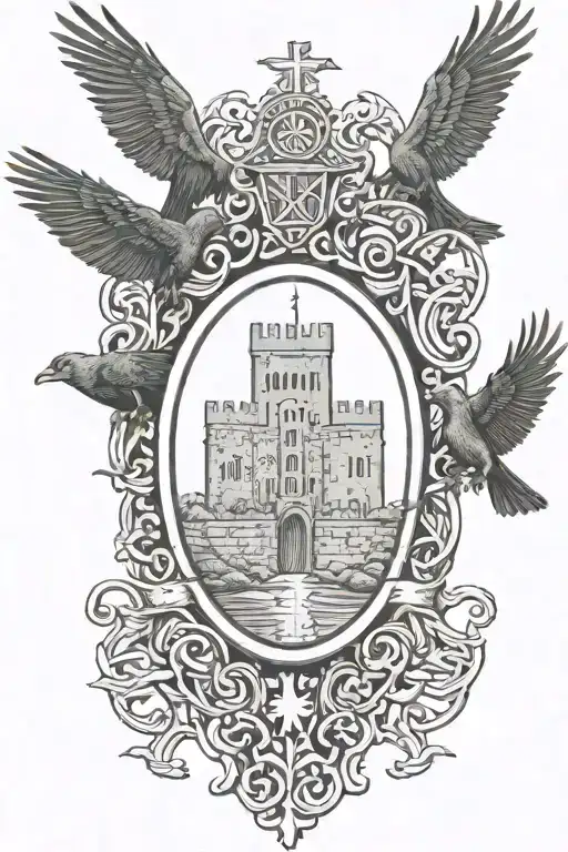 Rooker Family Crest with castle  rookery with  6 Crows on a celtic cross