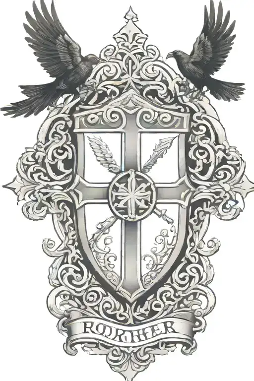 Rooker Family Crest with castle rookery with 6 Crows on a celtic cross - Variation 2