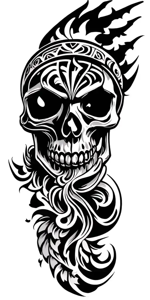 Skull with shadows on the top and the remaining maori design with symbols of courage and determination - Variation 1
