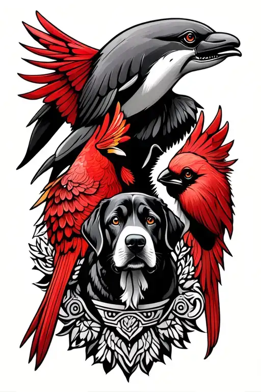 totem pole of red cardinal bird dolphin and bloodhound dog 