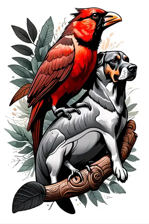 totem pole of red cardinal bird dolphin and bloodhound dog  - Variation 2