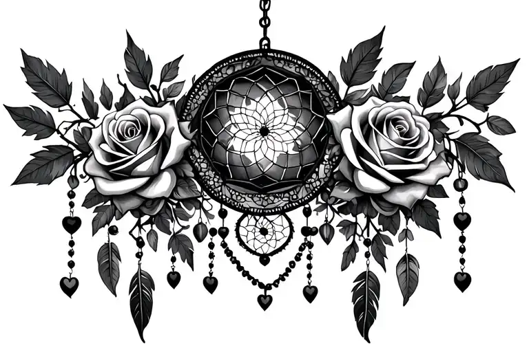 roses with lace leaves and thorns and vines, dreamcatcher feathers hanging down with chandelier beads wth hearts