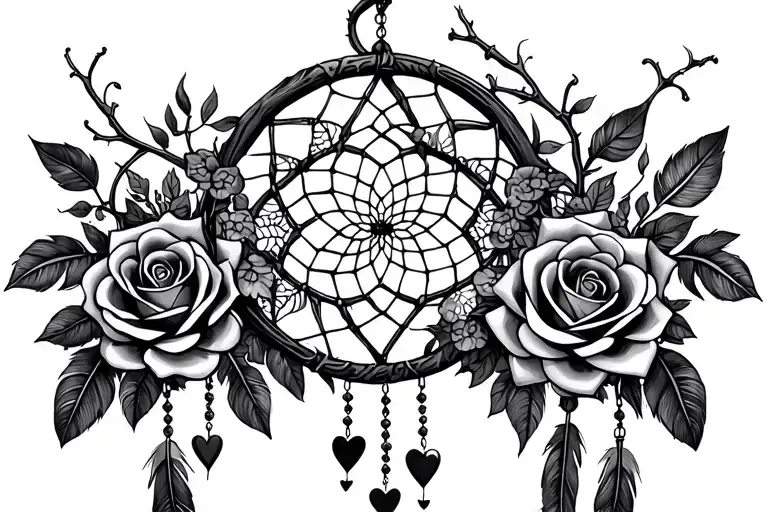 roses with lace leaves and thorns and vines, dreamcatcher feathers hanging down with chandelier beads wth hearts - Variation 2