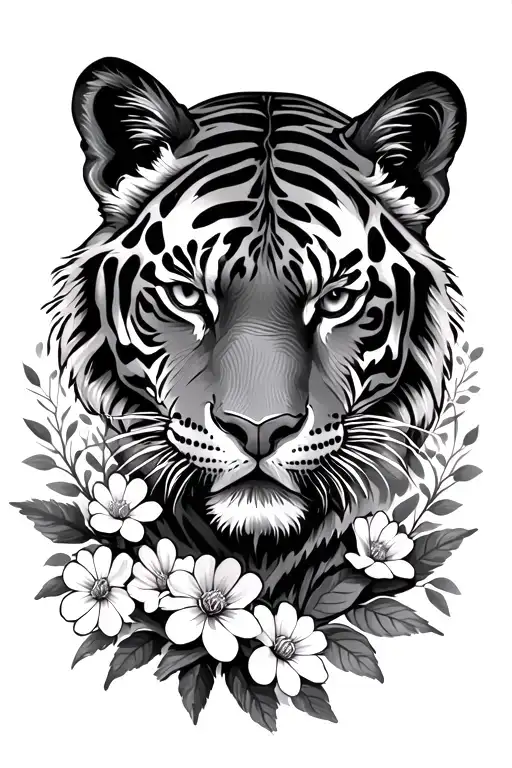 tiger head with wild flowers - Variation 2