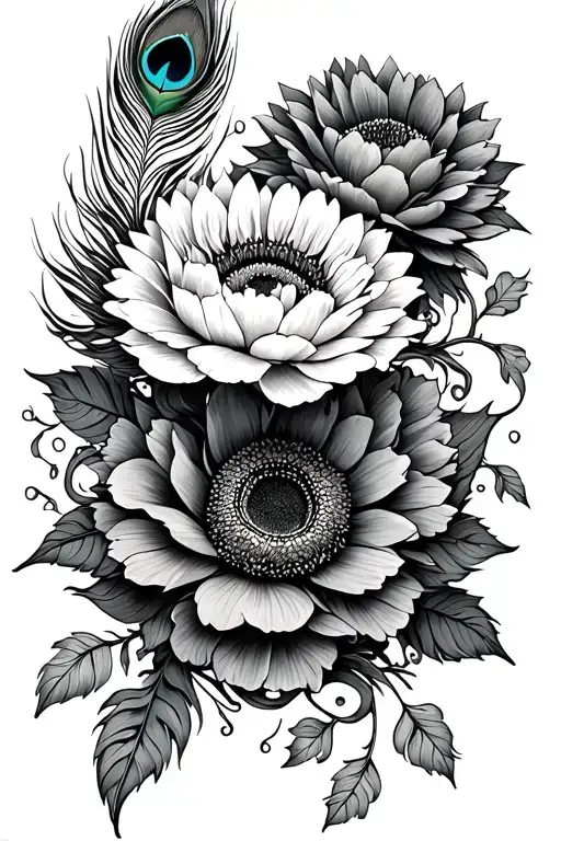 peonies , sunflower, peacock feather intertwined and vine