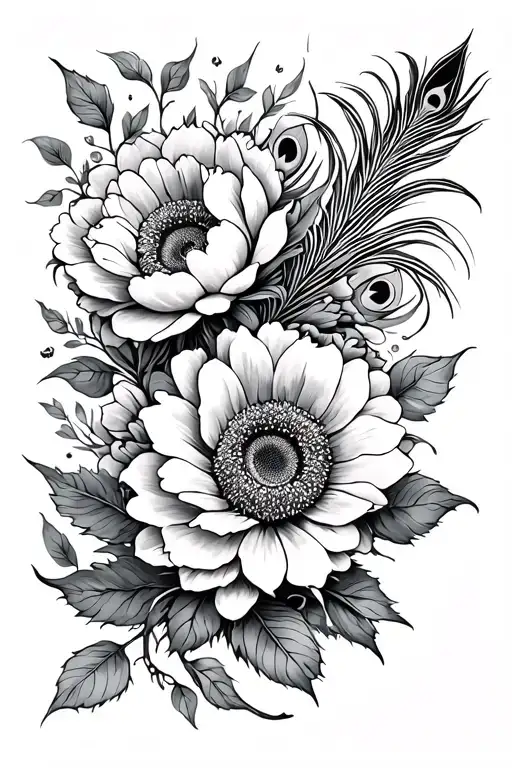 peonies , sunflower, peacock feather intertwined and vine - Variation 2